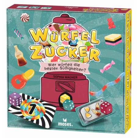 Bunte Würfel Zucker Brettspielbox mit Süßigkeiten und Würfeln um eine Kaugummiautomat-Illustration.
