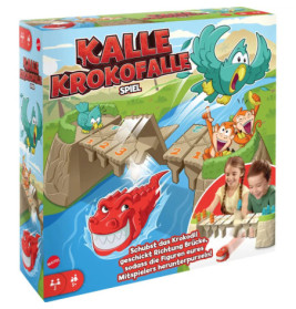 Bunte Brettspielschachtel mit Comic-Tieren, einem Krokodil und zwei spielenden Kindern auf einer Brücke.