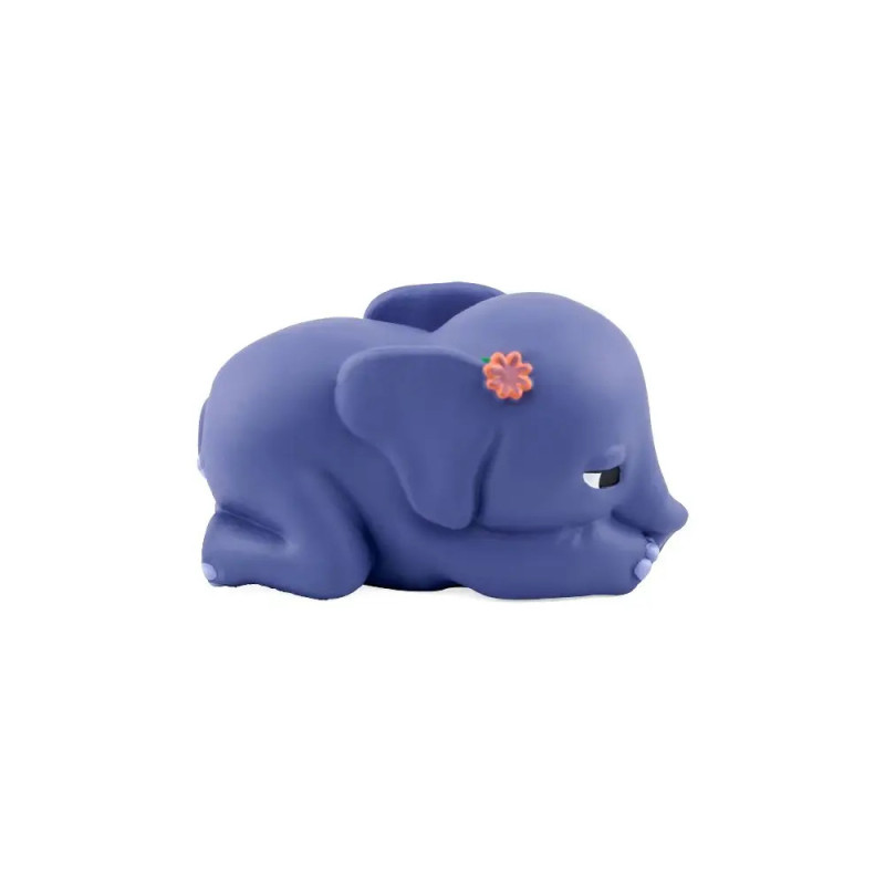 Kleine lila Elefantenfigur im Comicstil mit rosa Blume auf dem Kopf, liegend und ruhend.