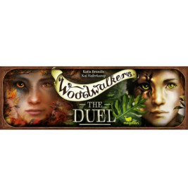 Buchcover von Woodwalkers: Das Duell mit zwei menschlichen Gesichtern, tierischen Merkmalen und Waldelementen.