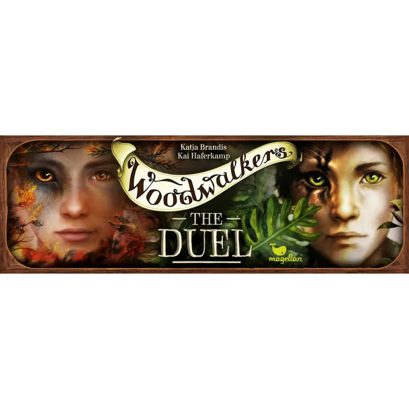 Buchcover von Woodwalkers: Das Duell mit zwei menschlichen Gesichtern, tierischen Merkmalen und Waldelementen. Buchcover von Woodwalkers: Das Duell mit zwei menschlichen Gesichtern, tierischen Merkmalen und Waldelementen.