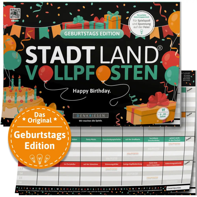 Bunte Stadt Land Vollpfosten Geburtstags-Edition: Spielbox mit Luftballons, Kuchen und einem Spielformular.