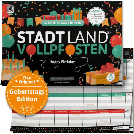 Bunte Stadt Land Vollpfosten Geburtstags-Edition: Spielbox mit Luftballons, Kuchen und einem Spielformular.