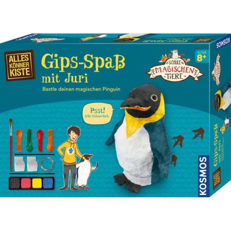 Bastelset-Box Pinguin mit Bastelmaterial und bebilderter Anleitung auf Deutsch.