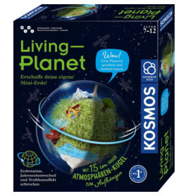Kosmos Living Planet Experimentierkasten mit grasbewachsenem Globus, Altersangabe 7-12 Jahre auf Deutsch.