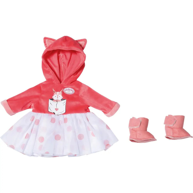 Puppenkleid: Pinker Kapuzenpullover mit Katzenohren und -motiv, Rock mit weißen Punkten, passende pinke Stiefel. Puppenkleid: Pinker Kapuzenpullover mit Katzenohren und -motiv, Rock mit weißen Punkten, passende pinke Stiefel.