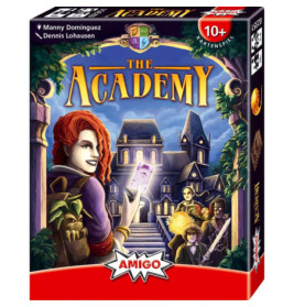 Spielschachtel von The Academy mit vier Figuren vor einem imposanten Schulgebäude bei Nacht.