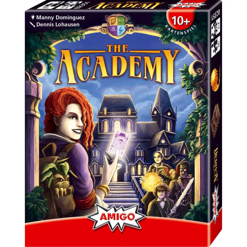 Spielschachtel von The Academy mit vier Figuren vor einem imposanten Schulgebäude bei Nacht.