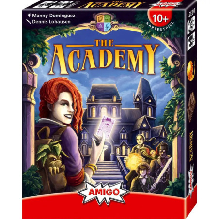 Spielschachtel von The Academy mit vier Figuren vor einem imposanten Schulgebäude bei Nacht.