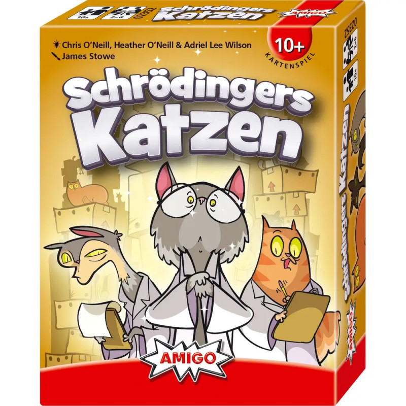 Box des Kartenspiels Schrödingers Katzen mit drei gezeichneten Katzen und Klemmbrettern auf gelbem Hintergrund.