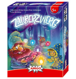 Bunte Zauberdwerg-Spielbox mit Comic-Zwergen und leuchtenden Kugeln in einem magischen Wald.