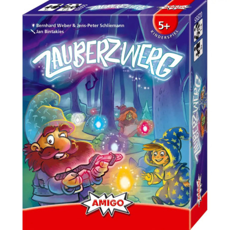 Bunte Zauberdwerg-Spielbox mit Comic-Zwergen und leuchtenden Kugeln in einem magischen Wald.