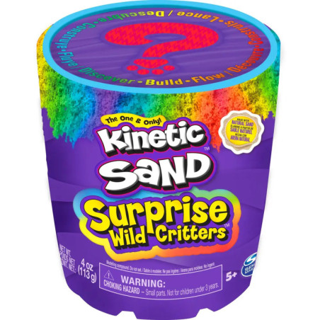 Lila Dose Kinetic Sand Surprise Wild Critters mit bunter Schrift und Regenbogen-Fragezeichen auf dem Deckel.