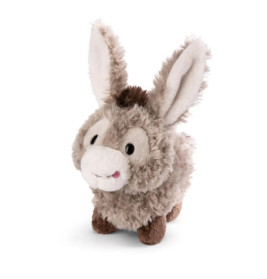 Ein graues und weißes, flauschiges Stoffesel-Spielzeug mit großen Ohren und freundlichem Gesicht.