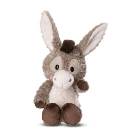 Plüschesel mit großen Ohren, grau-weißem Fell und braunen Hufen sitzt aufrecht auf weißem Hintergrund.