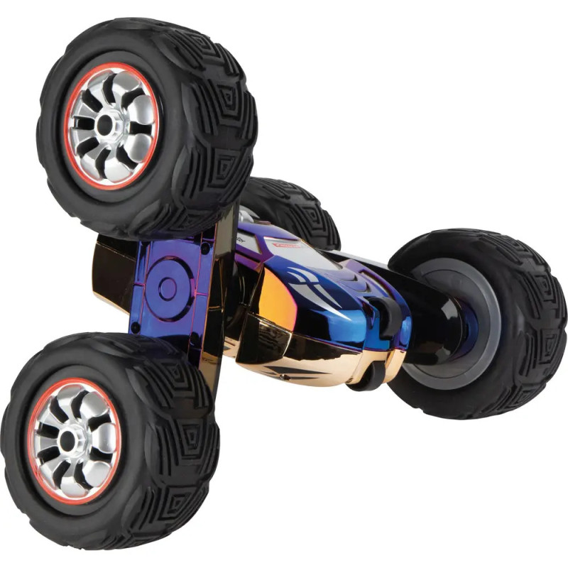 Blau-goldenes ferngesteuertes Stuntauto mit großen Rädern, seitlich liegend abgebildet.