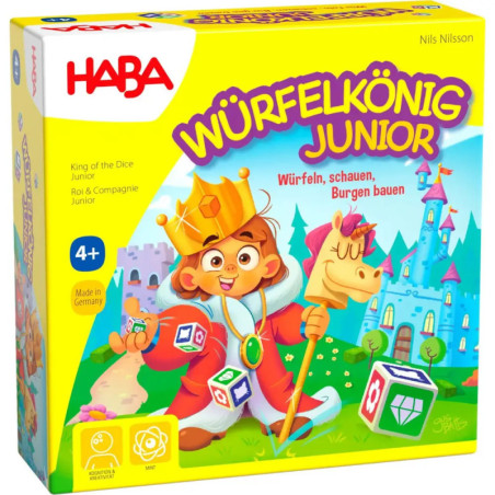 Bunte Würfelkönig Junior-Spielebox mit gekröntem Kind, Würfeln und einem Spielzeugpferd.