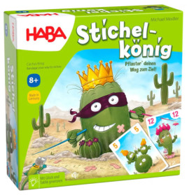 Schachtel des HABA-Spiels Stichelkönig mit gezeichnetem Kaktus-König, Krone und Augenmaske.