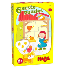 HABA-Set mit 6 ersten Puzzles: Mädchen und Hühner unter rotem Dach, geeignet ab 2 Jahren.