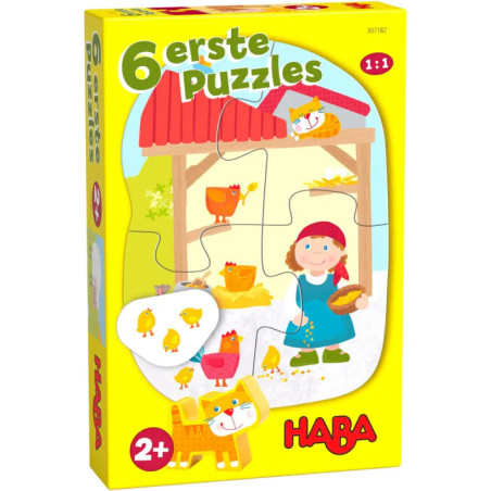 HABA-Set mit 6 ersten Puzzles: Mädchen und Hühner unter rotem Dach, geeignet ab 2 Jahren.
