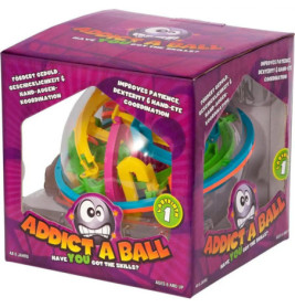 Bunter Addict-A-Ball-Geduldsspielball in Schachtel mit Grafiken und Hinweis auf Förderung der Geschicklichkeit.