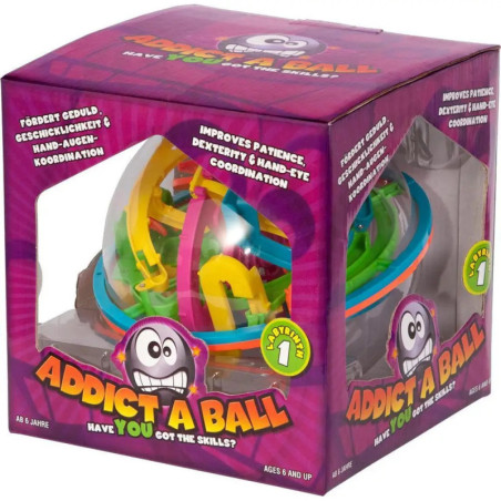 Bunter Addict-A-Ball-Geduldsspielball in Schachtel mit Grafiken und Hinweis auf Förderung der Geschicklichkeit.