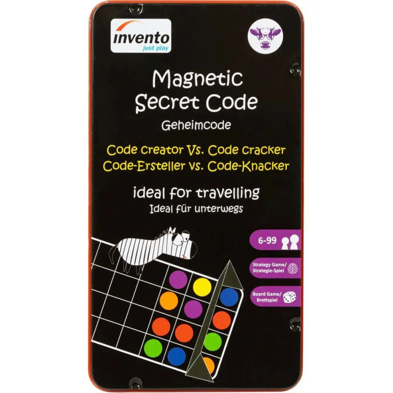 Rechteckige Metalldose des Spiels Magnetic Secret Code mit Zebra und bunten Kreisen auf der Vorderseite.