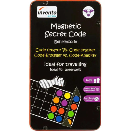 Rechteckige Metalldose des Spiels Magnetic Secret Code mit Zebra und bunten Kreisen auf der Vorderseite.