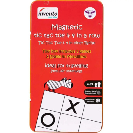 Rote Blechdose mit magnetischem Tic-Tac-Toe, als ideal für Reisen gekennzeichnet und mit zwei Spielen.
