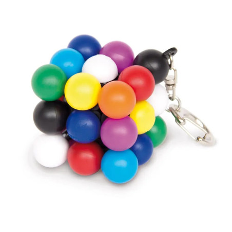 Bunter Kugel-Cluster aus Kunststoff als Schlüsselanhänger, zu einer kleinen, runden Puzzleform zusammengesetzt.