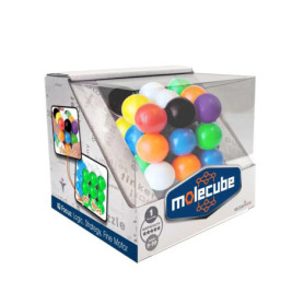 Molecube-Puzzle in Verpackung, bunte Kugeln, Produktdetails auf der Packung.