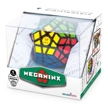 Ein Megaminx-Puzzle in einer durchsichtigen Box mit Aufschrift, zeigt bunte, geometrische Flächen.
