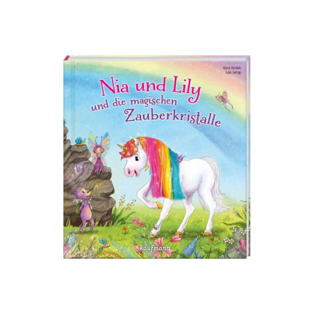 Buntes Kinderbuchcover mit Einhorn und Feen auf einer Wiese voller Blumen.