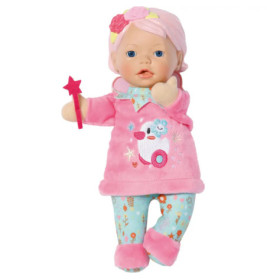 Puppe mit rosa Haaren, rosa Kleid und Sternenstab, trägt geblümte Hose und Stiefel.