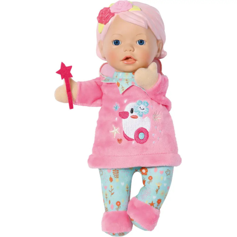 Puppe mit rosa Haaren, rosa Kleid und Sternenstab, trägt geblümte Hose und Stiefel. Puppe mit rosa Haaren, rosa Kleid und Sternenstab, trägt geblümte Hose und Stiefel.