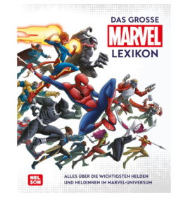 Mehrere Marvel-Superhelden wie Spider-Man und Captain Marvel posieren in Action auf weißem Hintergrund.