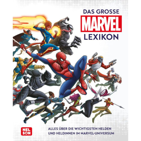 Mehrere Marvel-Superhelden wie Spider-Man und Captain Marvel posieren in Action auf weißem Hintergrund.