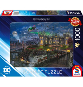 1000-teiliges Batman-Puzzle mit gotischer Villa, Bat-Signal, Batmobil und Batplane bei Nacht.