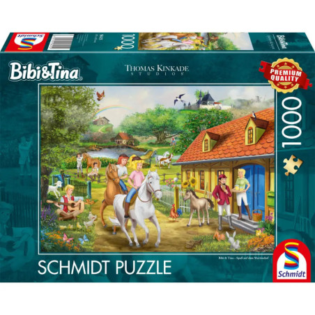Schmidt Puzzle, 1000 Teile: Schachtel mit Motiv von Menschen und Pferden in einer farbenfrohen Landschaft.