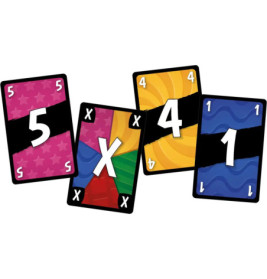 Vier bunte Spielkarten mit den Zahlen 5, X, 4 und 1 sowie unterschiedlichen Hintergrundmustern.