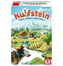 Spieleschachtel mit Kühen, Bauernhaus, Feldern, Bergen und dem Titel Kuhfstein in fetter Schrift.