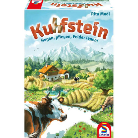 Spieleschachtel mit Kühen, Bauernhaus, Feldern, Bergen und dem Titel Kuhfstein in fetter Schrift.