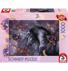 Schmidt Puzzle, 1000 Teile, mit Motiv eines mystischen schwarzen Einhorns, Blumen und Schmetterlingen.