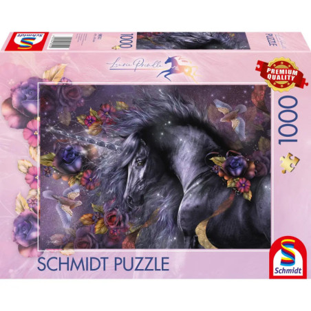 Schmidt Puzzle, 1000 Teile, mit Motiv eines mystischen schwarzen Einhorns, Blumen und Schmetterlingen.