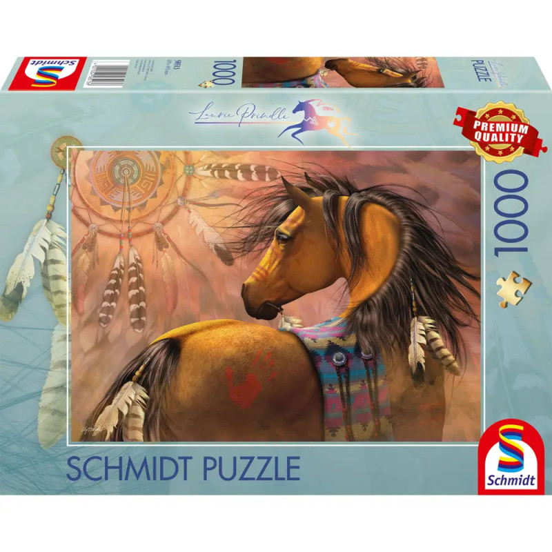 Puzzlebox mit Abbildung eines braunen Pferdes mit geschmückter Mähne vor indianisch inspirierten Mustern im Hintergrund. Puzzlebox mit Abbildung eines braunen Pferdes mit geschmückter Mähne vor indianisch inspirierten Mustern im Hintergrund.