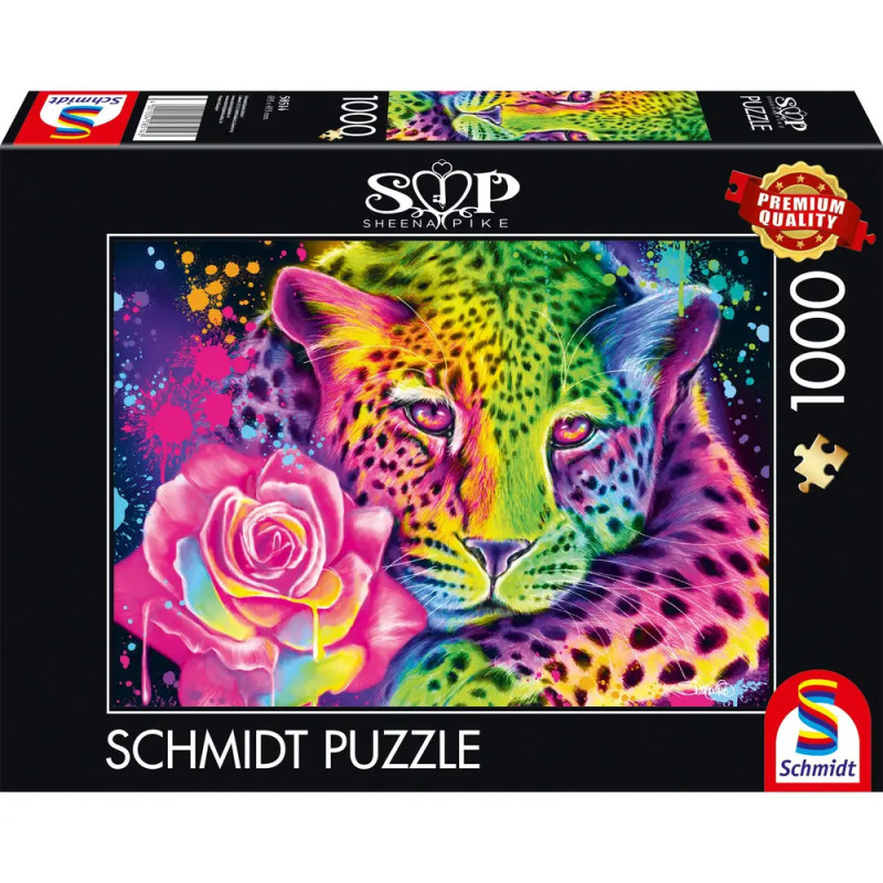 Bunter Leopard mit Regenbogenfell und Rose auf einer 1000-Teile-Schmidt-Puzzlebox.