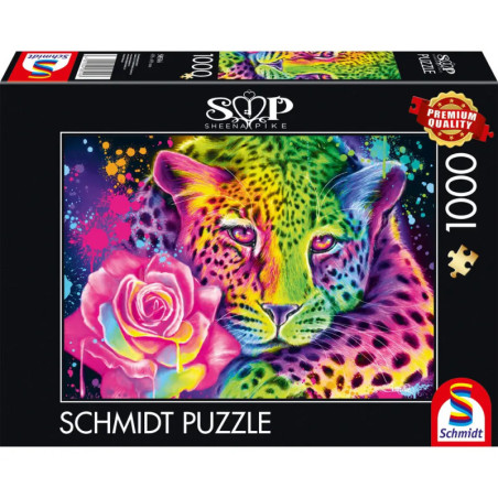 Bunter Leopard mit Regenbogenfell und Rose auf einer 1000-Teile-Schmidt-Puzzlebox.
