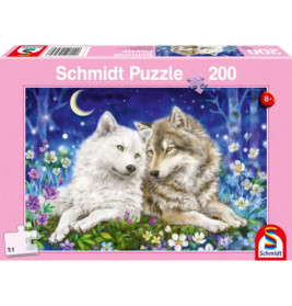 Zwei Wölfe liegen im Blumenfeld unter einem Mondsichel auf der pinken 200-Teile-Schmidt-Puzzlebox.