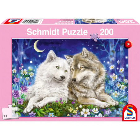 Zwei Wölfe liegen im Blumenfeld unter einem Mondsichel auf der pinken 200-Teile-Schmidt-Puzzlebox.