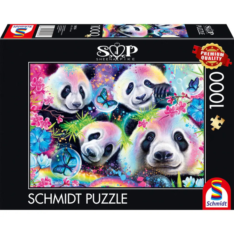 Bunte Puzzlebox mit vier Pandas, blauen Schmetterlingen, Blumen und lebendigem Hintergrund, 1000 Teile. Bunte Puzzlebox mit vier Pandas, blauen Schmetterlingen, Blumen und lebendigem Hintergrund, 1000 Teile.
